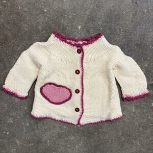 Hand Knit Baby Cardigan Newborn 0–3M Cream Pink Heart Boho Valentine Artisan